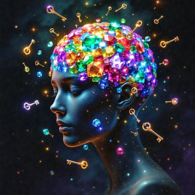 The primary subject of the image is a woman's head, which is the main focus of the image. The setting is a dark background, which contrasts with the bright colors of the woman's head. The visual style is digital art, as the woman's head is depicted with a colorful, abstract design. The colors and mood of the image are vibrant and lively, with the woman's head being the center of attention.
